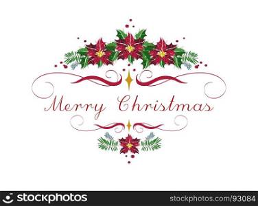 Merry Christmas and Happy new Year wreath with ribbon, bow, candle, bell, poinsettia. Vector.