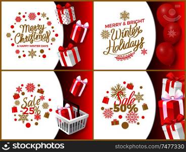 Merry Christmas and happy winter days, big sales vector. Basket with present box decorated with bow, price reduction on half and 25 percents per item. Merry Christmas and Happy Winter Days, Big Sales