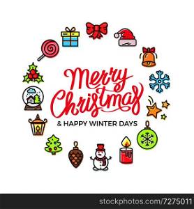 Merry Christmas and happy winter days, headline and icons among letterings, candy and candle, bow and snowman, star and toy vector illustration. Merry Christmas Happy Days Vector Illustration