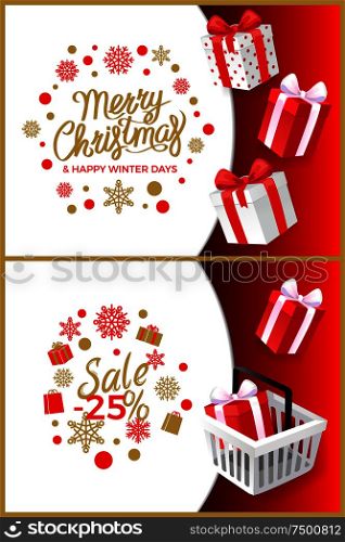 Merry Christmas and happy winter days posters vector. Purchasing in store, shop with clearance and sellout of products. Snowflakes and presents boxes. Merry Christmas and Happy Winter Days Posters