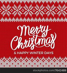Merry Christmas and happy winter days vector. Red embroidery for holidays celebration. Stitches with floral pattern. Vintage decoration on sweaters and clothes with ornamental parts illustration. Merry Christmas and Happy Winter Days Embroidery