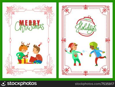 Merry Christmas and happy winter holidays vector. Children set playing snowball fight and unpacking presents. Gifts in opened boxes to cheerful kids. Merry Christmas and Happy Holidays Children Set