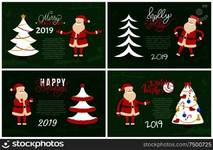 Merry Christmas and Holly Jolly Set of postcards with Santa Claus. Vector cartoon character and Xmas tree decoreted with topper star, colorful ribbons. Merry Christmas and Holly Jolly Set of PostCards
