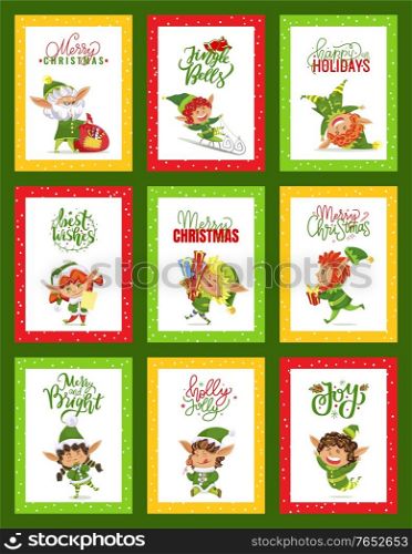 Merry christmas and jingle bells greeting cards. Set of winter postcards for holidays congrats. Xmas character with calligraphic inscription. Elf with bag with presents, kids boys and girls vector. Merry Christmas, Jingle Bells Collection of Cards