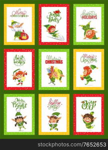 Merry christmas and jingle bells greeting cards. Set of winter postcards for holidays congrats. Xmas character with calligraphic inscription. Elf with bag with presents, kids boys and girls vector. Merry Christmas, Jingle Bells Collection of Cards