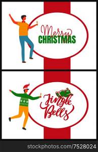 Merry Christmas and jingle bells, people and party. Men dancing at corporate fest celebrating New Year. Vector cartoon style managers in hat with champagne. Merry Christmas and Jingle Bells, People and Party