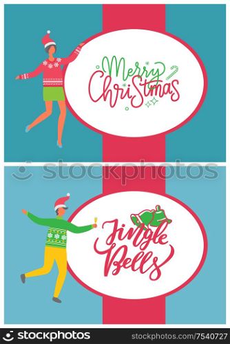 Merry Christmas and jingle bells, people and party. Man dancing at corporate fest celebrating New Year. Vector cartoon style managers in hat with champagne. Merry Christmas and Jingle Bells, People and Party