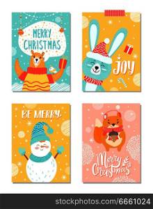 Merry Christmas and joy, collection of cards with images of bear holding present, toys above him, rabbit and snowman, squirrel on vector illustration. Merry Christmas and Joy on Vector Illustration