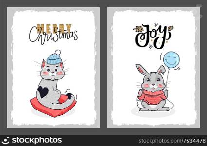 Merry Christmas and joy postcards, cat in warm winter hat and rabbit in scarf, balloon in paw. Kitten with black heart on back sitting on pillow, vector. Merry Christmas Postcard Cat in Hat and Rabbit