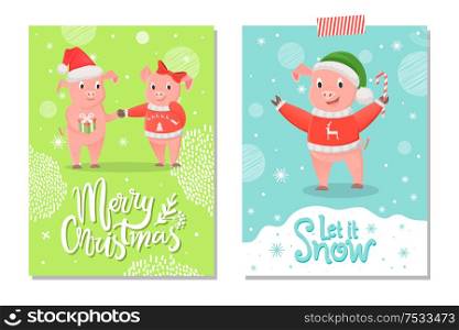 Merry Christmas and let it snow postcards, piglets symbol of New Year with gift box on snowflakes. Pig girlfriend and boyfriend in Santa hat vector. Merry Christmas and Let it Snow Postcards, Piglets