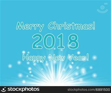 Merry Christmas and New Year 2018 typographical on holidays background with winter landscape with snowflakes, light, stars. Vector. Xmas card. Merry Christmas and New Year typographical on holidays background with winter landscape with snowflakes, light, stars. Vector Illustration. Xmas card