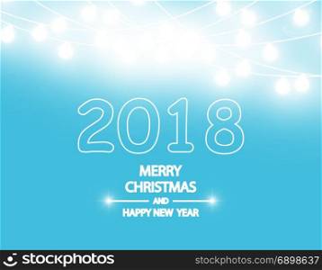 Merry Christmas and New Year 2018 typographical on holidays background with winter landscape with garland. Vector.. Merry Christmas and New Year typographical on holidays background with winter landscape with garland. Vector Illustration. Xmas card