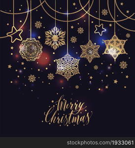 Merry Christmas and New Year background for holiday greeting card, invitation, party flyer, poster, banner.. Merry Christmas and New Year background for holiday greeting card, invitation, party flyer, poster, banner. Gold star, snowflake, confetti on dark violet background.