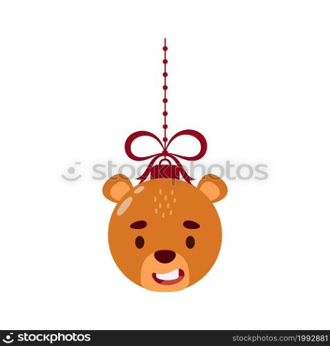 Merry Christmas and new year ball with cute beaver. Cartoon winter holidays animal bauble. Vector stock illustration