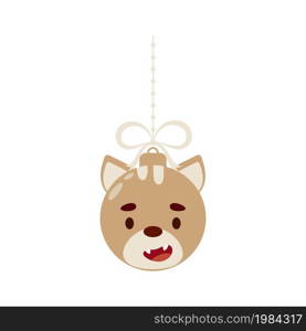 Merry Christmas and new year ball with cute cat. Cartoon winter holidays animal bauble. Vector stock illustration