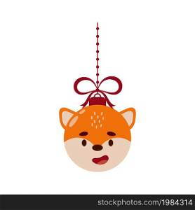 Merry Christmas and new year ball with cute fox. Cartoon winter holidays animal bauble. Vector stock illustration