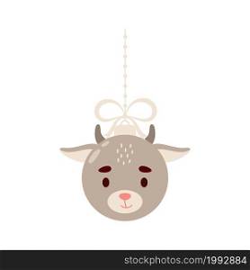Merry Christmas and new year ball with cute goat. Cartoon winter holidays animal bauble. Vector stock illustration