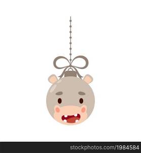 Merry Christmas and new year ball with cute hippo. Cartoon winter holidays animal bauble. Vector stock illustration