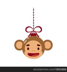 Merry Christmas and new year ball with cute monkey. Cartoon winter holidays animal bauble. Vector stock illustration
