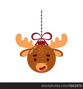 Merry Christmas and new year ball with cute moose. Cartoon winter holidays animal bauble. Vector stock illustration