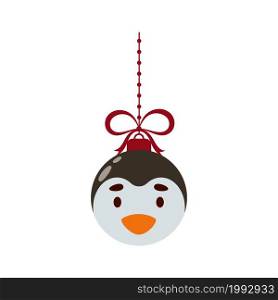 Merry Christmas and new year ball with cute penguin. Cartoon winter holidays animal bauble. Vector stock illustration