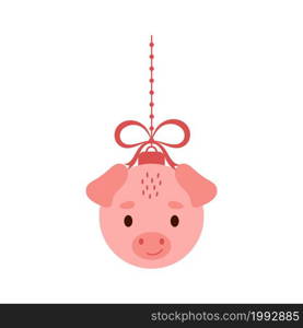 Merry Christmas and new year ball with cute pig. Cartoon winter holidays animal bauble. Vector stock illustration