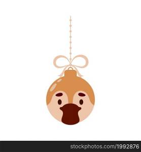 Merry Christmas and new year ball with cute platypus. Cartoon winter holidays animal bauble. Vector stock illustration