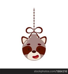 Merry Christmas and new year ball with cute raccoon. Cartoon winter holidays animal bauble. Vector stock illustration