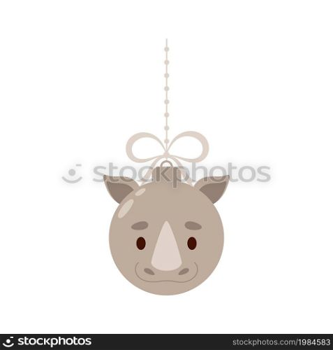 Merry Christmas and new year ball with cute rhino. Cartoon winter holidays animal bauble. Vector stock illustration