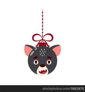 Merry Christmas and new year ball with cute tasmanian devil. Cartoon winter holidays animal bauble. Vector stock illustration