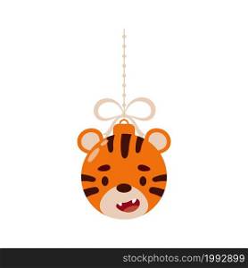 Merry Christmas and new year ball with cute tiger. Cartoon winter holidays animal bauble. Vector stock illustration