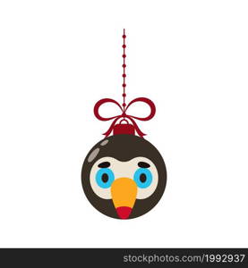 Merry Christmas and new year ball with cute toucan. Cartoon winter holidays animal bauble. Vector stock illustration