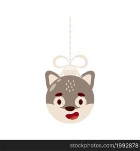 Merry Christmas and new year ball with cute wolf. Cartoon winter holidays animal bauble. Vector stock illustration