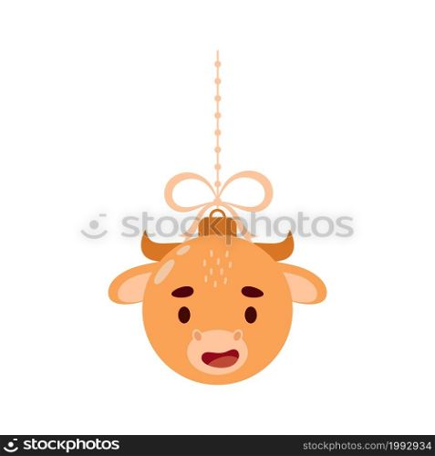 Merry Christmas and new year ball with cute yak. Cartoon winter holidays animal bauble. Vector stock illustration
