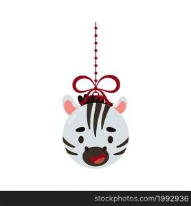 Merry Christmas and new year ball with cute zebra. Cartoon winter holidays animal bauble. Vector stock illustration
