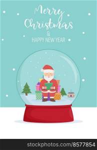 Merry Christmas and new year card. Winter wonderland scenes in a snow globe. Winter card design illustration for greetings, invitation.. Merry Christmas and new year card. Winter wonderland scenes in a snow globe. Winter card design illustration for greetings, invitation