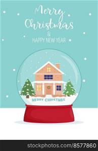 Merry Christmas and new year card. Winter wonderland scenes in a snow globe. Winter card design illustration for greetings, invitation.. Merry Christmas and new year card. Winter wonderland scenes in a snow globe. Winter card design illustration for greetings, invitation