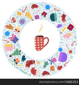 Merry Christmas and New year composition with a central subject - cup of coffee. Traditional object - snowman, gift boxes, mitten and hat, tree, sock with ornament. Colorfull vector illustration.. Merry Christmas and New year composition with a central subject - cup of coffee.