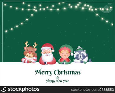 Merry Christmas And New Year Concept With Cartoon Santa Claus, Reindeer, Elf, Raccoon Character On Green And White Background.