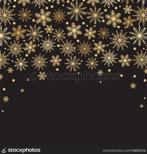 Merry Christmas and New Year gold winter holiday decoration design , golden snowflakes isolated on black background. Merry Christmas and New Year gold winter holiday decoration
