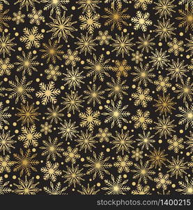 Merry Christmas and New Year gold winter holiday decoration design , golden snowflakes isolated on black background/ Seamless pattern. Merry Christmas and New Year gold winter holiday decoration