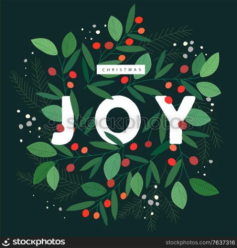 Merry Christmas and New Year greeting card with lettering wish. Frame or border with berries, poinsettia leaves, branches and cones of trees, hand drawn on black background. Floral vector illustration. Merry Christmas and New Year greeting card with lettering wish. Frame or border with berries, poinsettia leaves, branches and cones of trees, hand drawn on black background. Floral vector