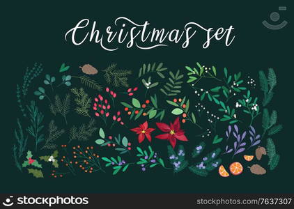 Merry Christmas and New Year greeting set with lettering, berries, poinsettia leaves, branches and cones of trees, hand drawn on black background. Floral vector illustration. Merry Christmas and New Year greeting set with lettering, berries, poinsettia leaves, branches and cones of trees, hand drawn on black background. Floral vector