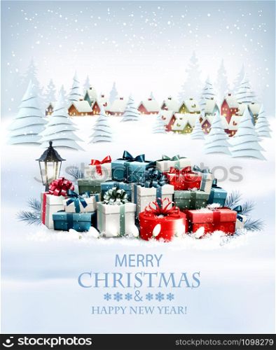 Merry Christmas and New Year holiday background with colorful gift boxes and winter village. Vector.