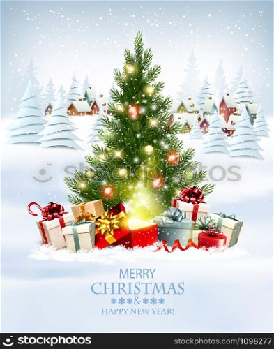 Merry Christmas and New Year holiday background with presents, christmas tree and and winter village. Vector.