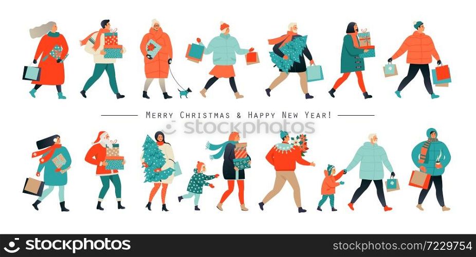 Merry Christmas and New Year. Holiday family set. Parents and children decorate the Christmas tree. Vector illustration in a flat style. Merry Christmas and New Year. Holiday family set. Parents and children decorate the Christmas tree. Vector illustration in a flat style.