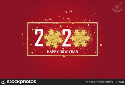 Merry Christmas and New Year horizontal banner.Red tone background with realistic gold snowflakes and sparkling light garlands.Paper cut and craft style.Graphic frame space Vector illustration EPS10