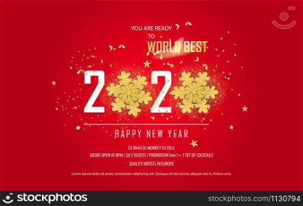 Merry Christmas and New Year horizontal banner.Red tone background with realistic gold snowflakes and sparkling light garlands.Paper cut and craft style.Graphic frame space Vector illustration EPS10