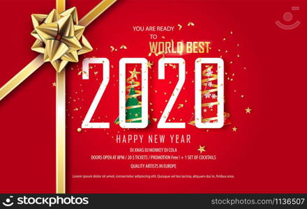 Merry Christmas and New Year horizontal banner.Red tone background with ribbon Glitter realistic gold.Paper cut and craft style.Graphic frame space.Holiday Happy new year card Vector illustration