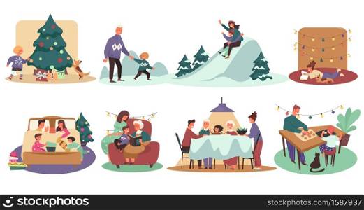 Merry Christmas and winter family holidays, parents and kids sledding, making cookies vector. Celebrating Xmas and having dinner, decorating tree. Exchange presents, reading and visiting granny. Christmas holiday, wintertime and family, playing outdoors and celebrating